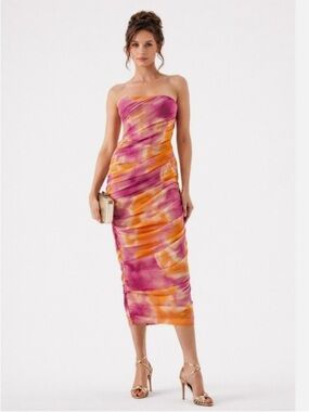 NWT Zara Strapless Pink & Orange Ruched Midi Dress